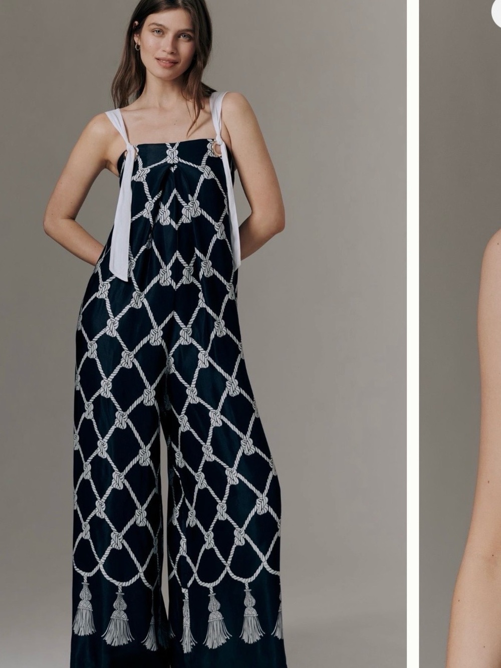 Anthropologie Navy and White Rope-Print Wide-Leg Jumpsuit with Tie Straps